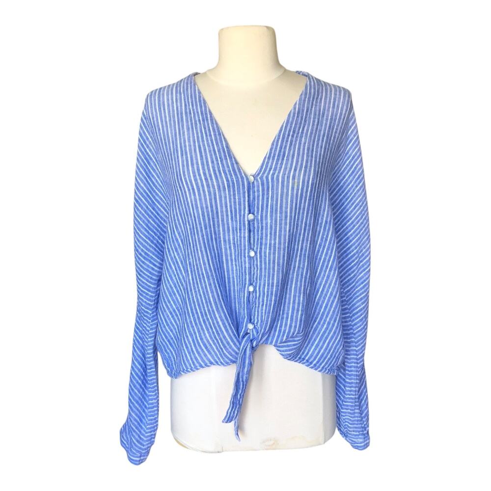 Rails Sloane Linen Blue Azure Stripe Front Tie Top Shirt Women's Size Large